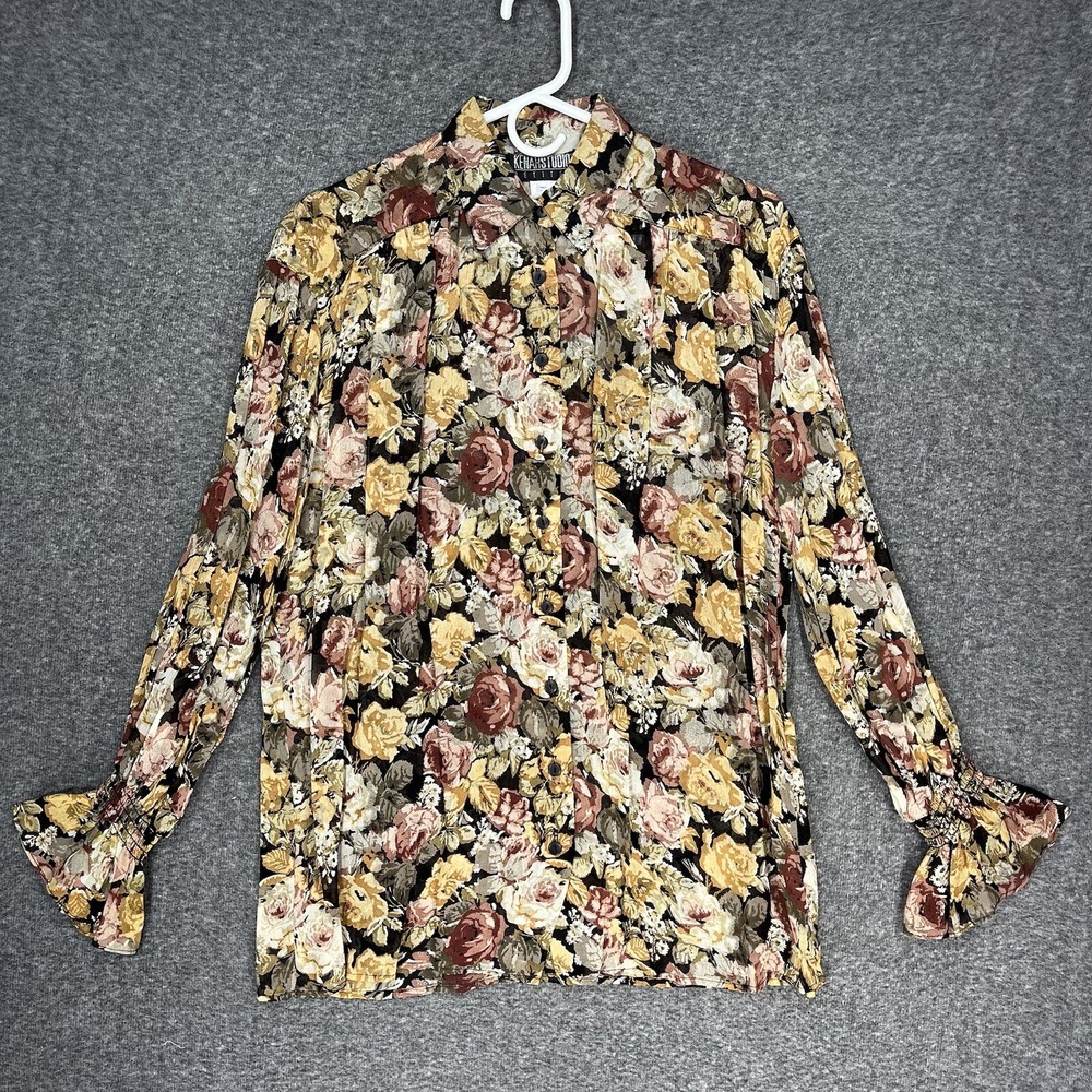 Vintage Kenar Studio Petites Sheer Floral Button Up Blouse Women's L Ruffle 90s